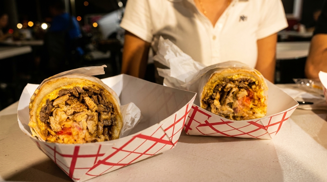 Two large, meat-filled burritos in paper trays on a table, with a person in the background.