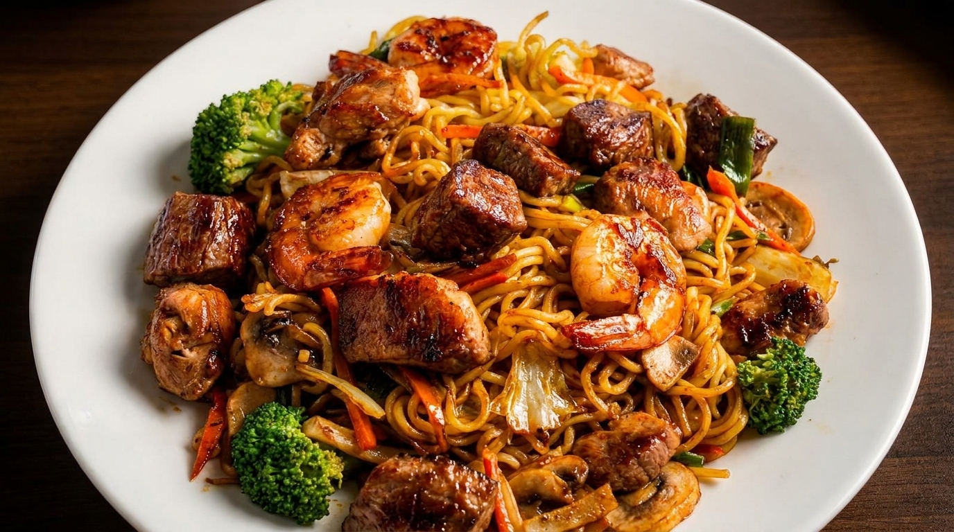 A white plate holds a generous serving of noodles with shrimp, beef, broccoli, and mushrooms.