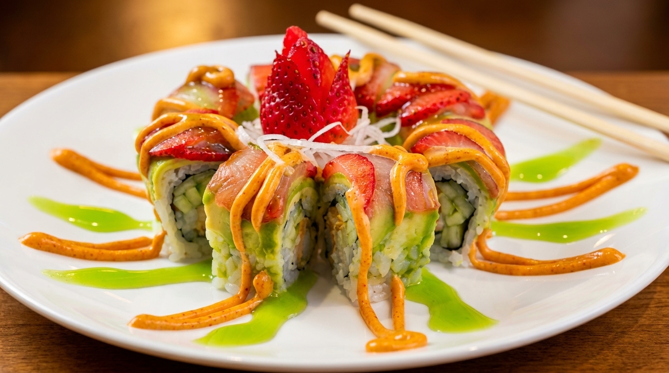 Sushi rolls with avocado, salmon, strawberries, and orange and green sauces on a white plate.