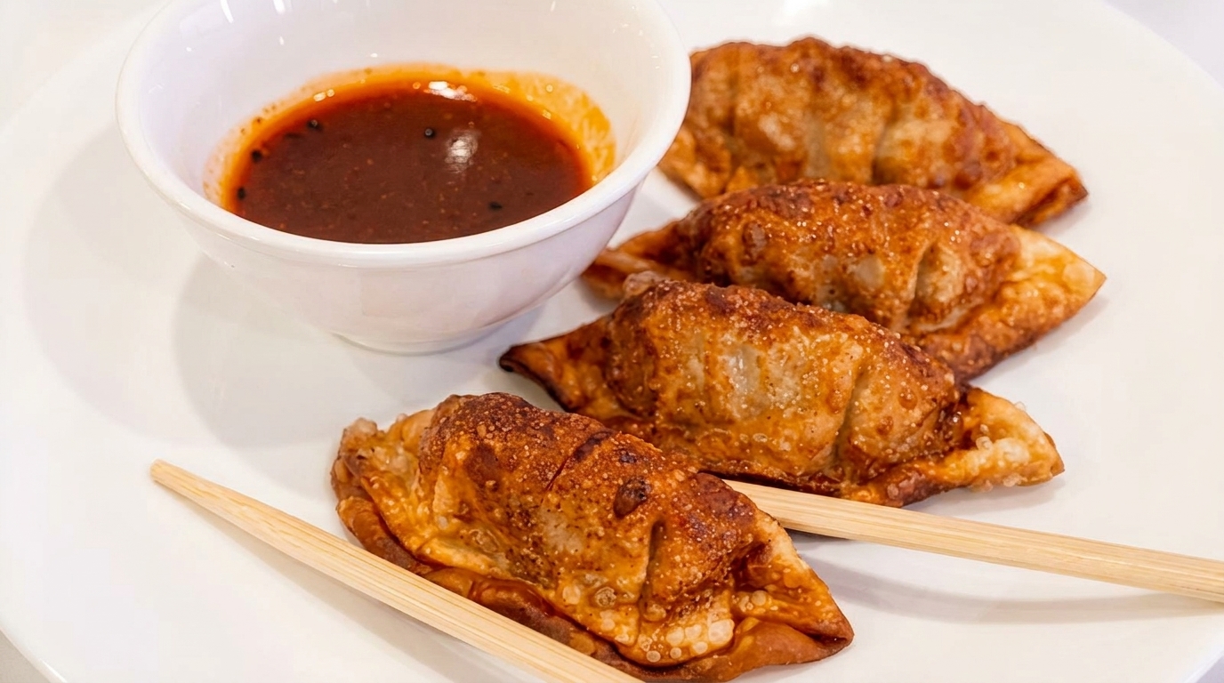Four crispy fried dumplings with chopsticks and a bowl of dipping sauce on a white plate.