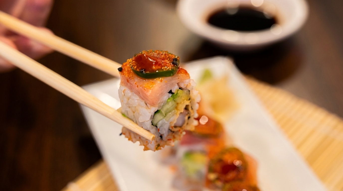 Chopsticks holding a sushi roll topped with salmon, jalapeño, and sauce, with more rolls blurred in the background.
