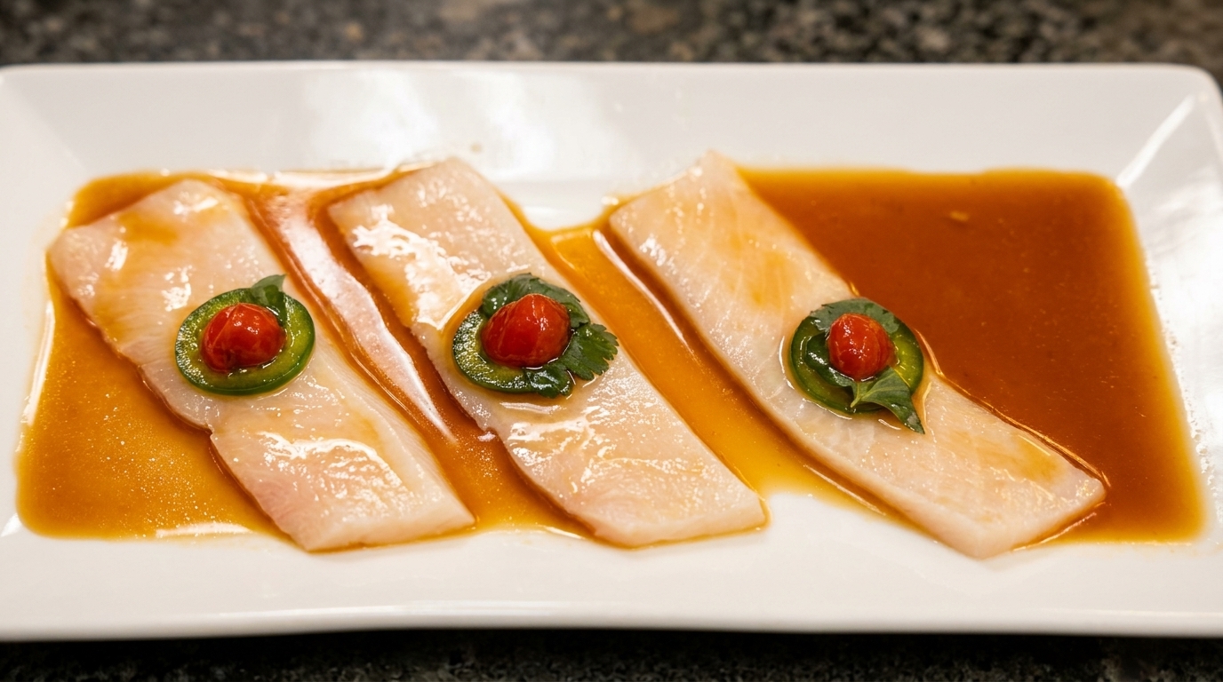 Three pieces of white fish sashimi with jalapeño, cherry tomato, and cilantro in sauce.