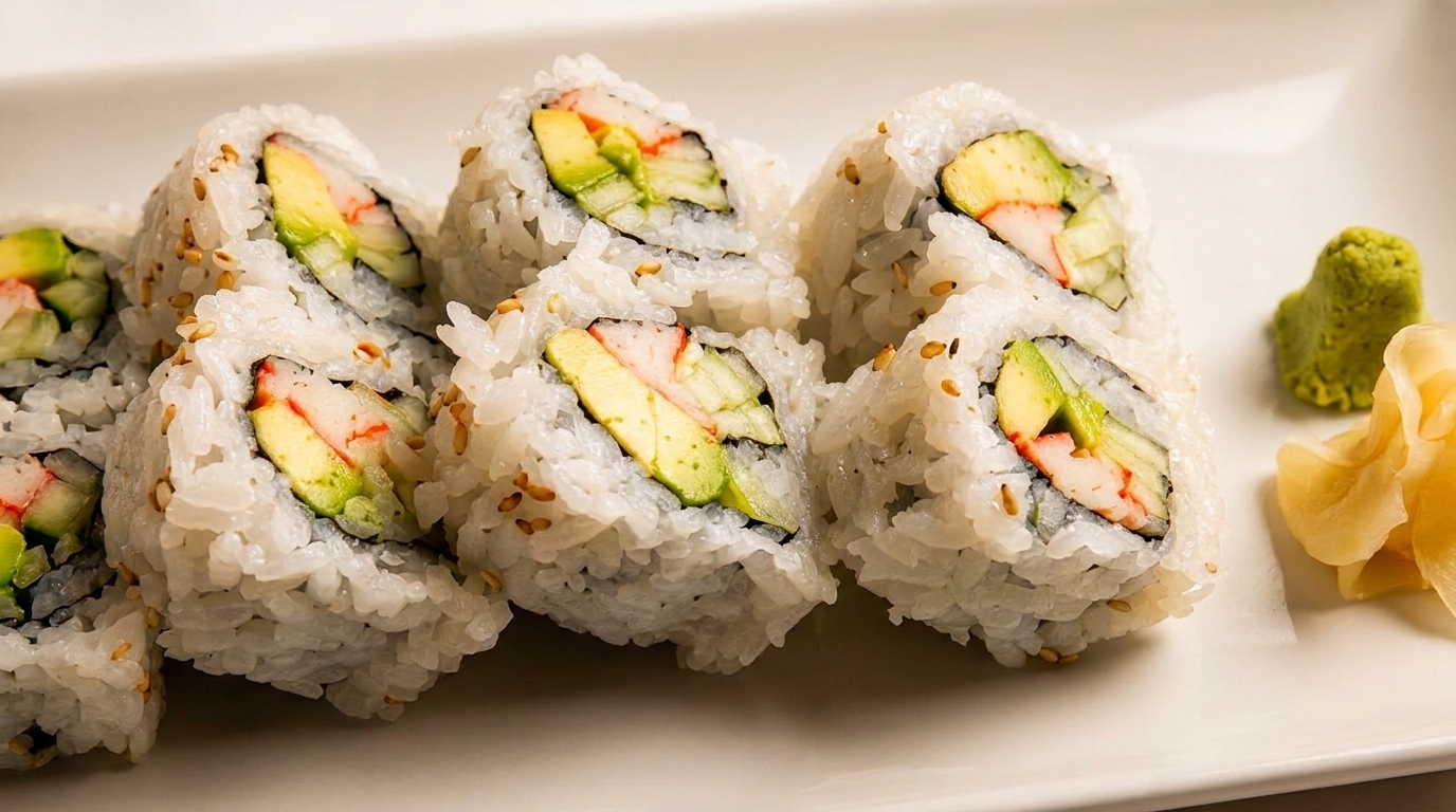 California sushi rolls with avocado, crab, and cucumber, served with wasabi and pickled ginger.