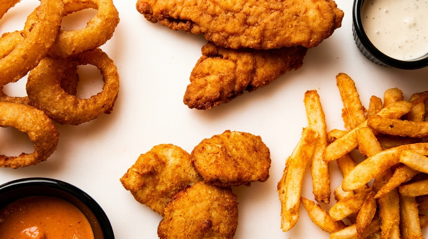 Crispy fried onion rings, chicken tenders, nuggets, and french fries with dipping sauces.