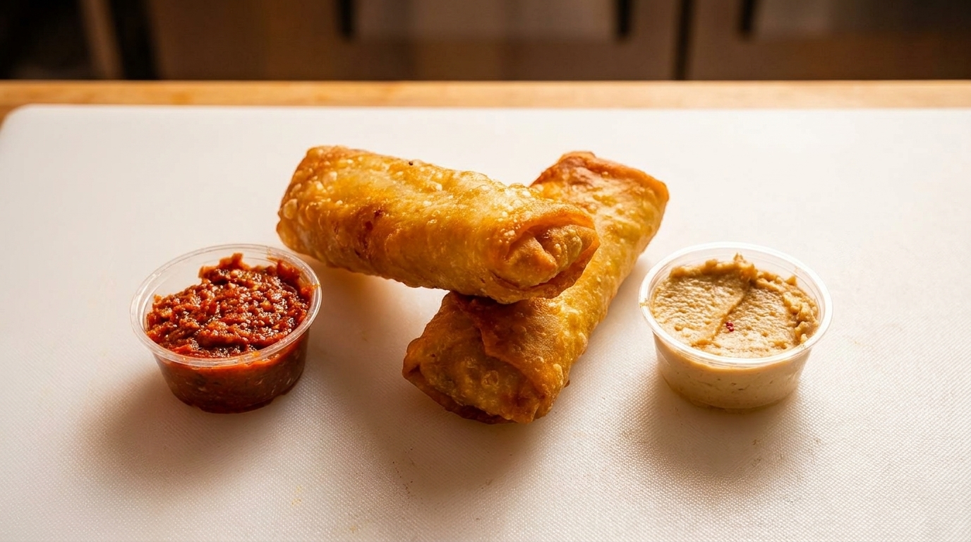 Two golden-brown egg rolls with small containers of red and light brown dipping sauces on a white surface.