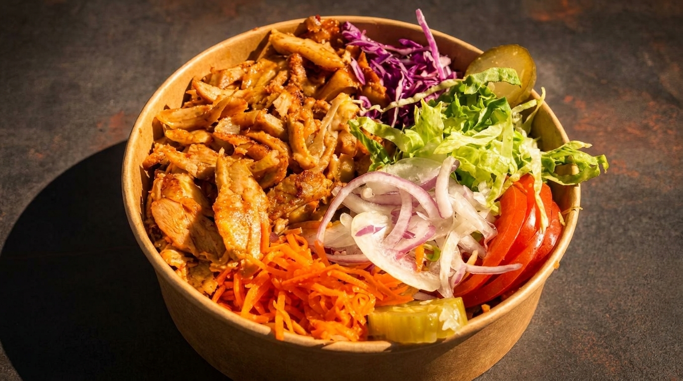 Shawarma bowl with chicken, shredded carrots, red cabbage, lettuce, red onions, tomatoes, and pickles.