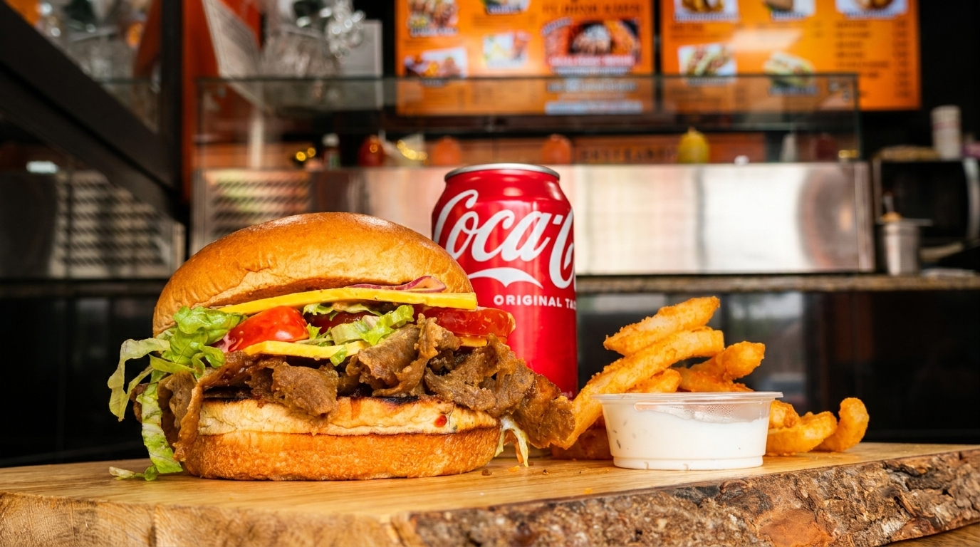 A large burger with meat, cheese, and vegetables, fries with dip, and a Coca-Cola can.