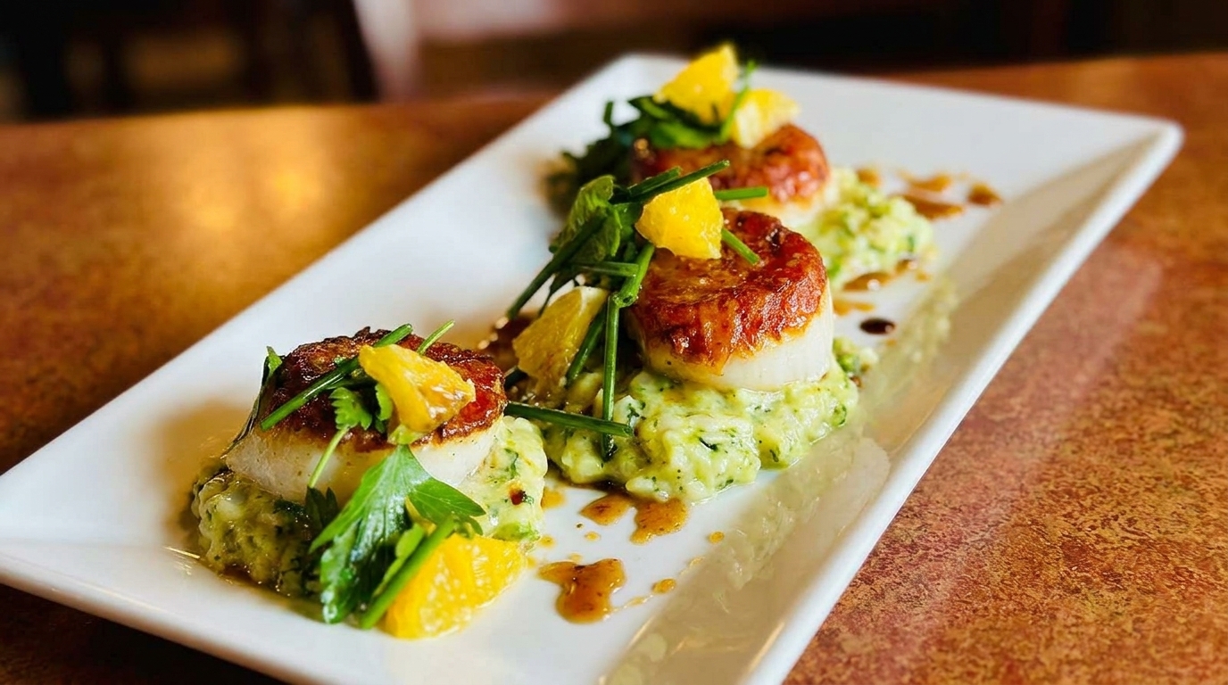 Three seared scallops on a bed of green risotto, garnished with orange segments and chives.