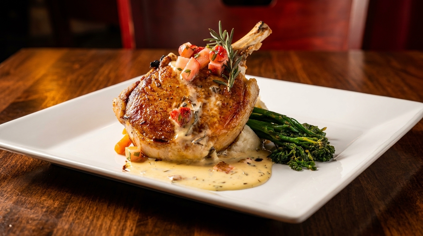 A golden-brown pork chop with sauce, rosemary, and diced fruit, served with broccolini and mashed potatoes.