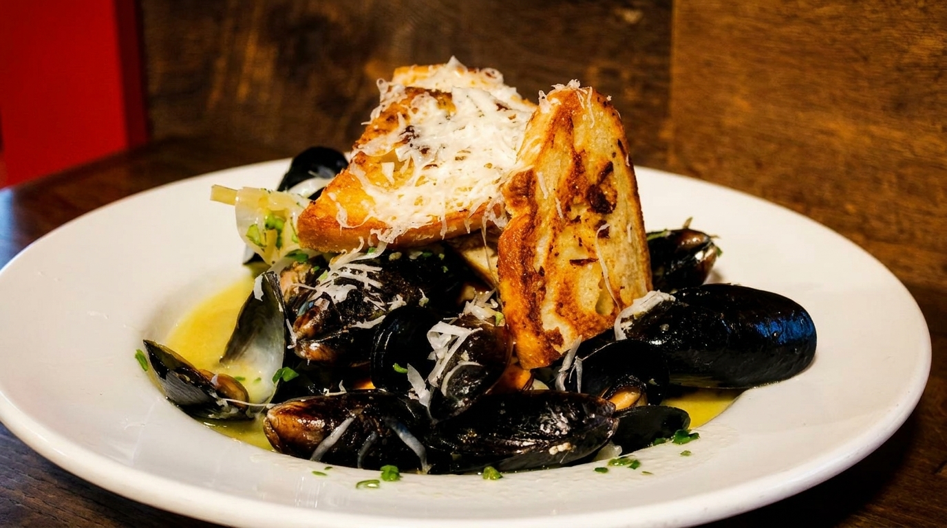Steamed mussels in a white wine sauce, topped with grated cheese and toasted bread on a white plate.