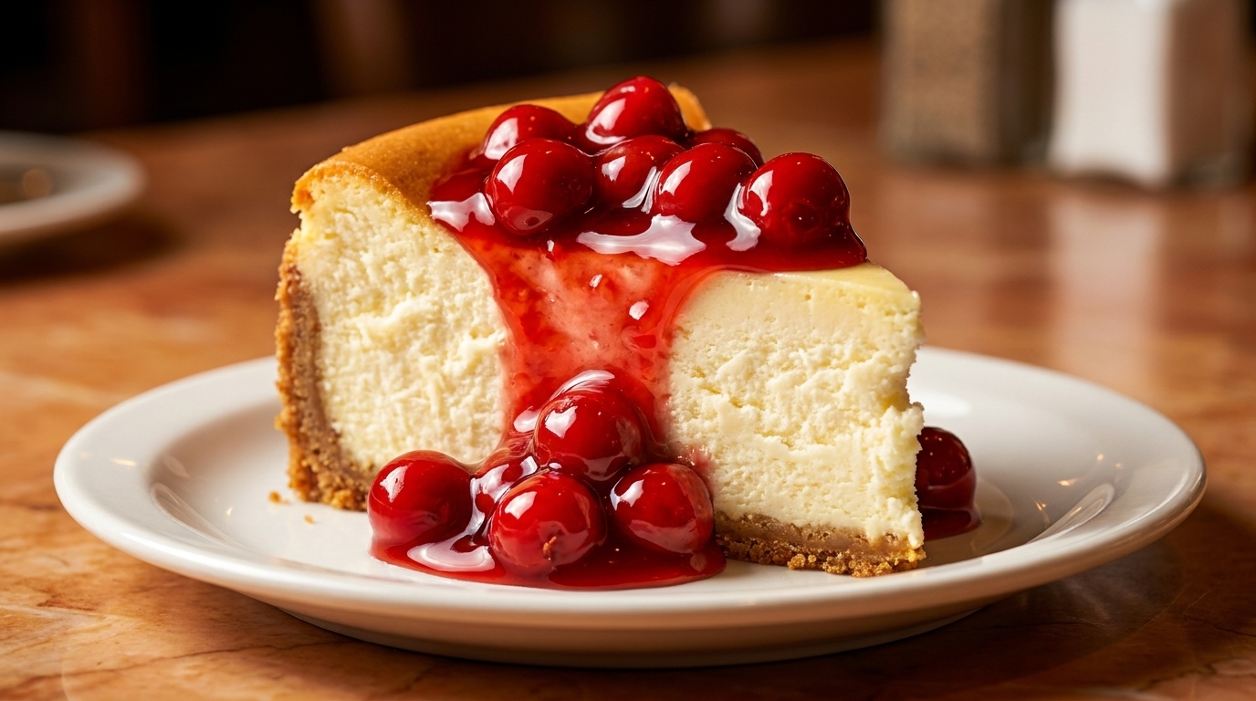 A slice of cheesecake with a graham cracker crust, topped with bright red cherry sauce and whole cherries.