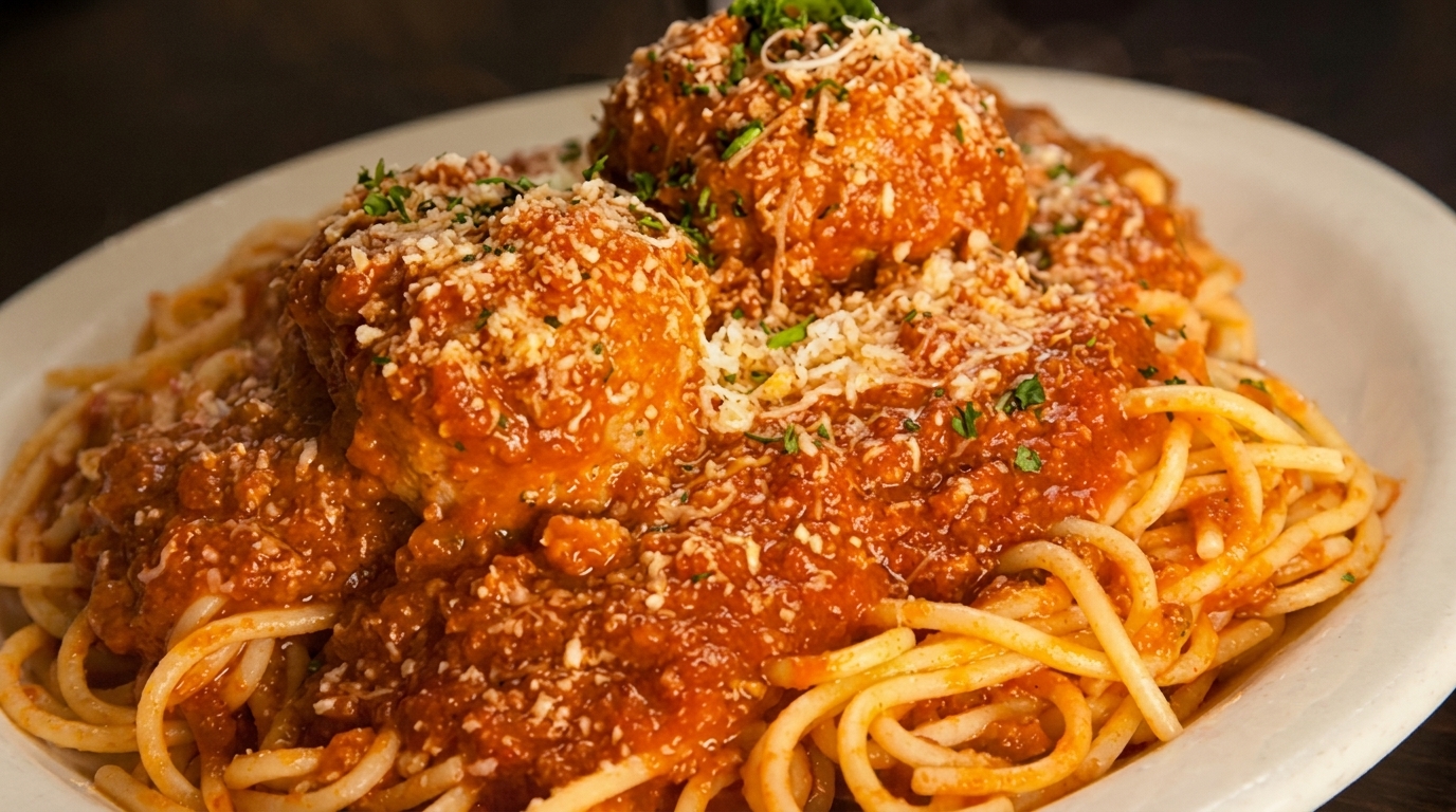 Spaghetti and meatballs with rich red sauce, parmesan cheese, and fresh parsley on a white plate.