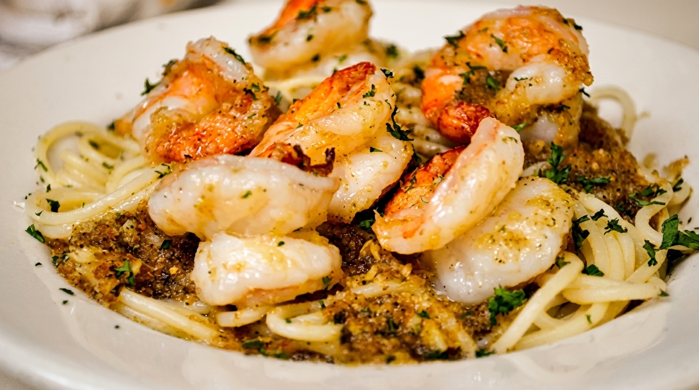 Close-up of shrimp scampi with linguine pasta, garlic, and parsley on a white plate.