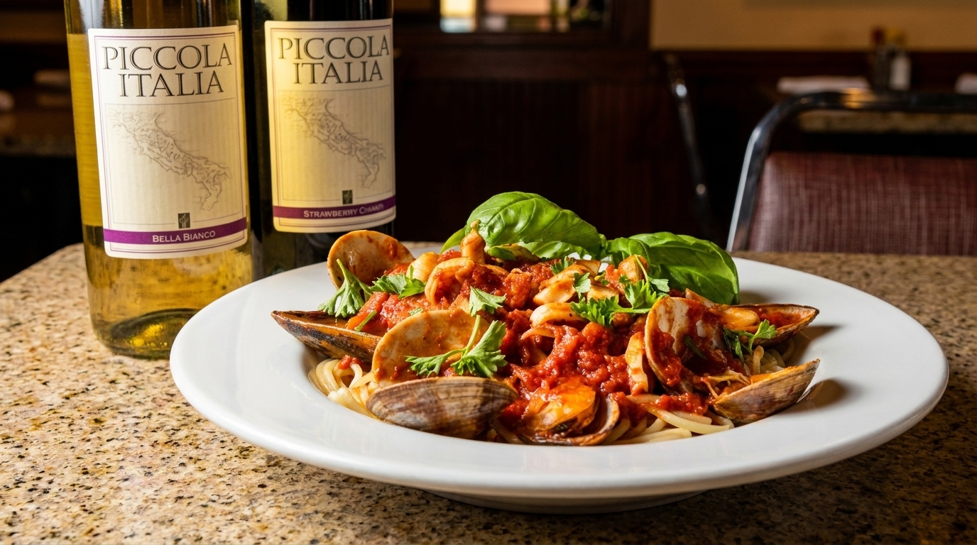 Spaghetti with clams and red sauce, garnished with basil and parsley, next to two bottles of Piccola Italia wine.