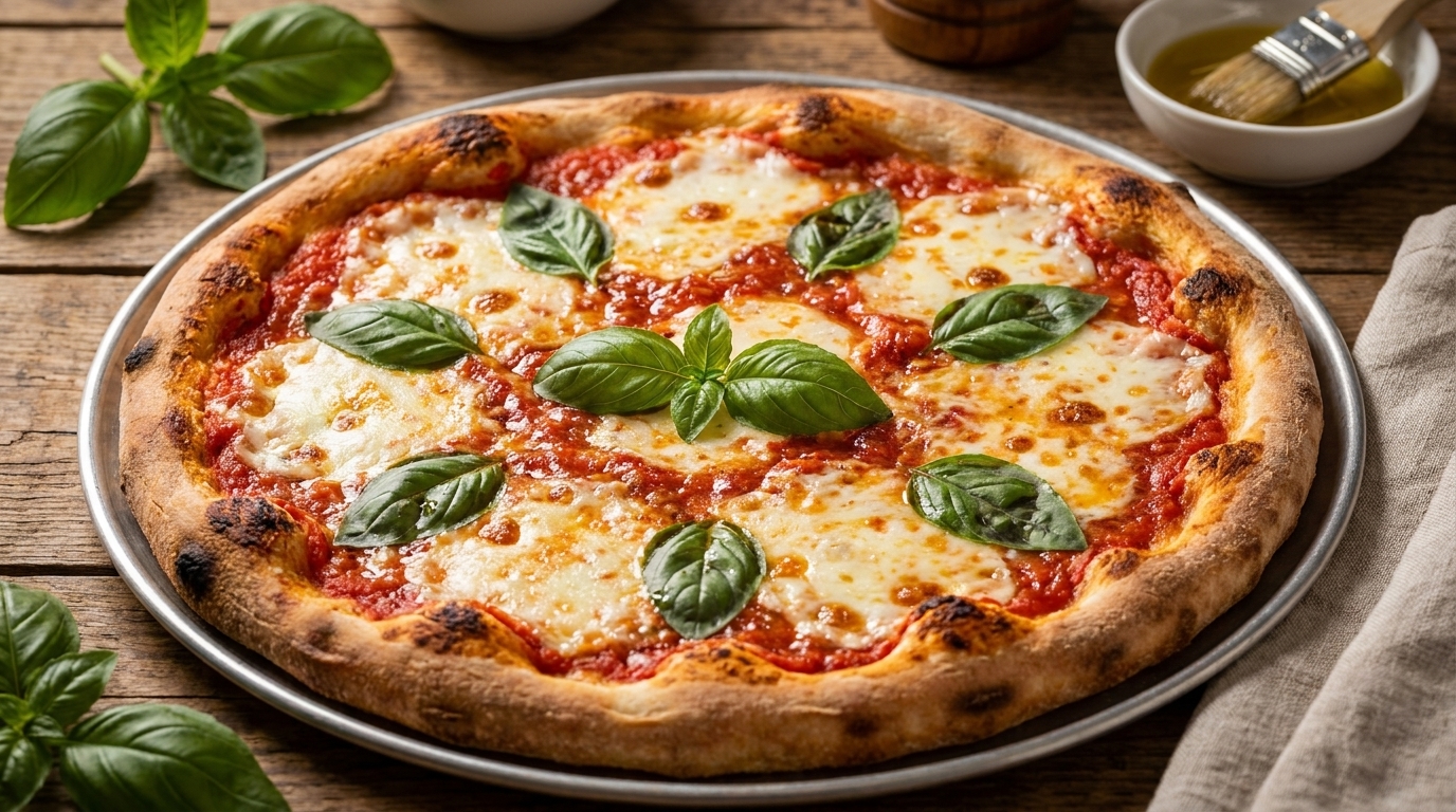 Classic Margherita pizza with fresh basil leaves, melted mozzarella, and rich tomato sauce on a wooden table.