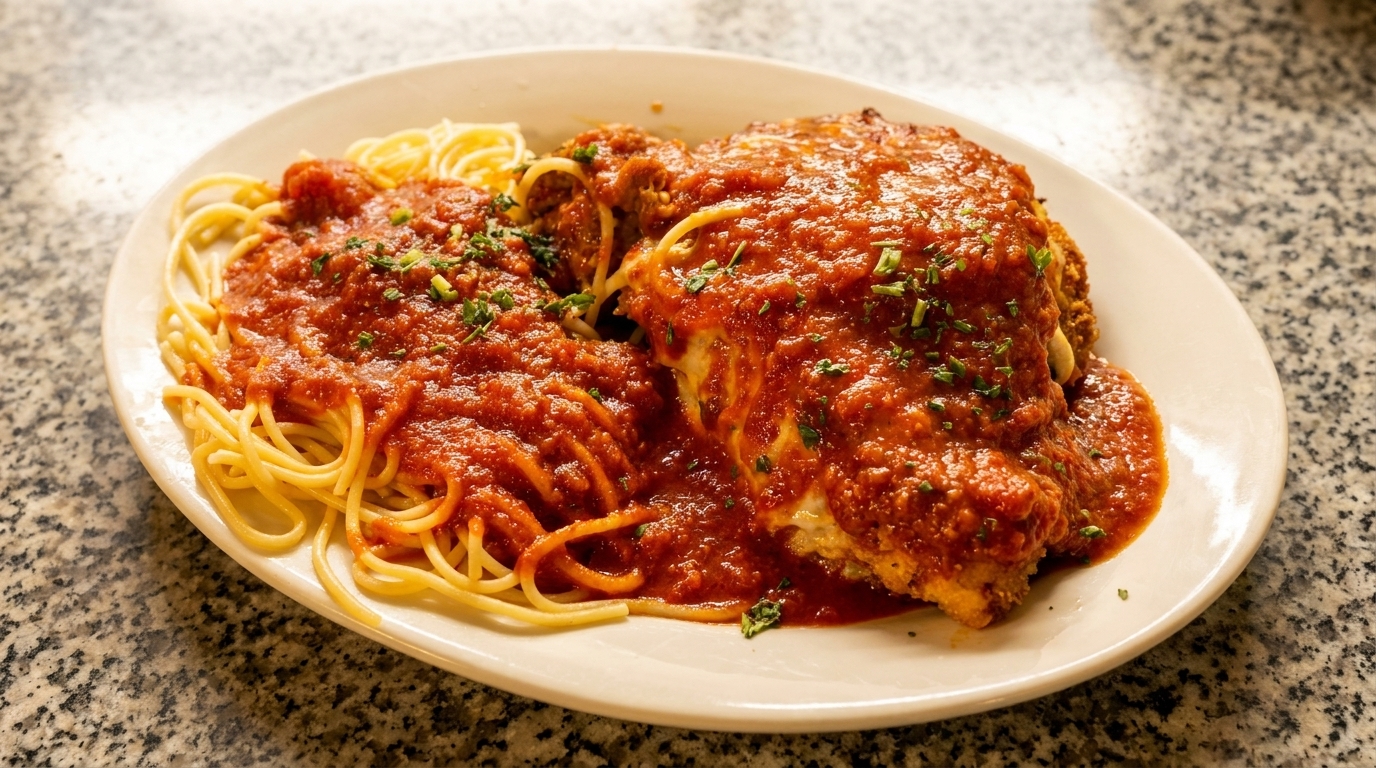 Chicken parmesan with spaghetti and red sauce, garnished with parsley, on a white plate.