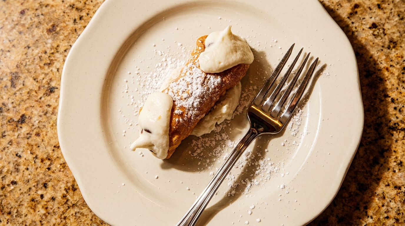 A cannoli with powdered sugar and cream filling on a white plate with a fork.