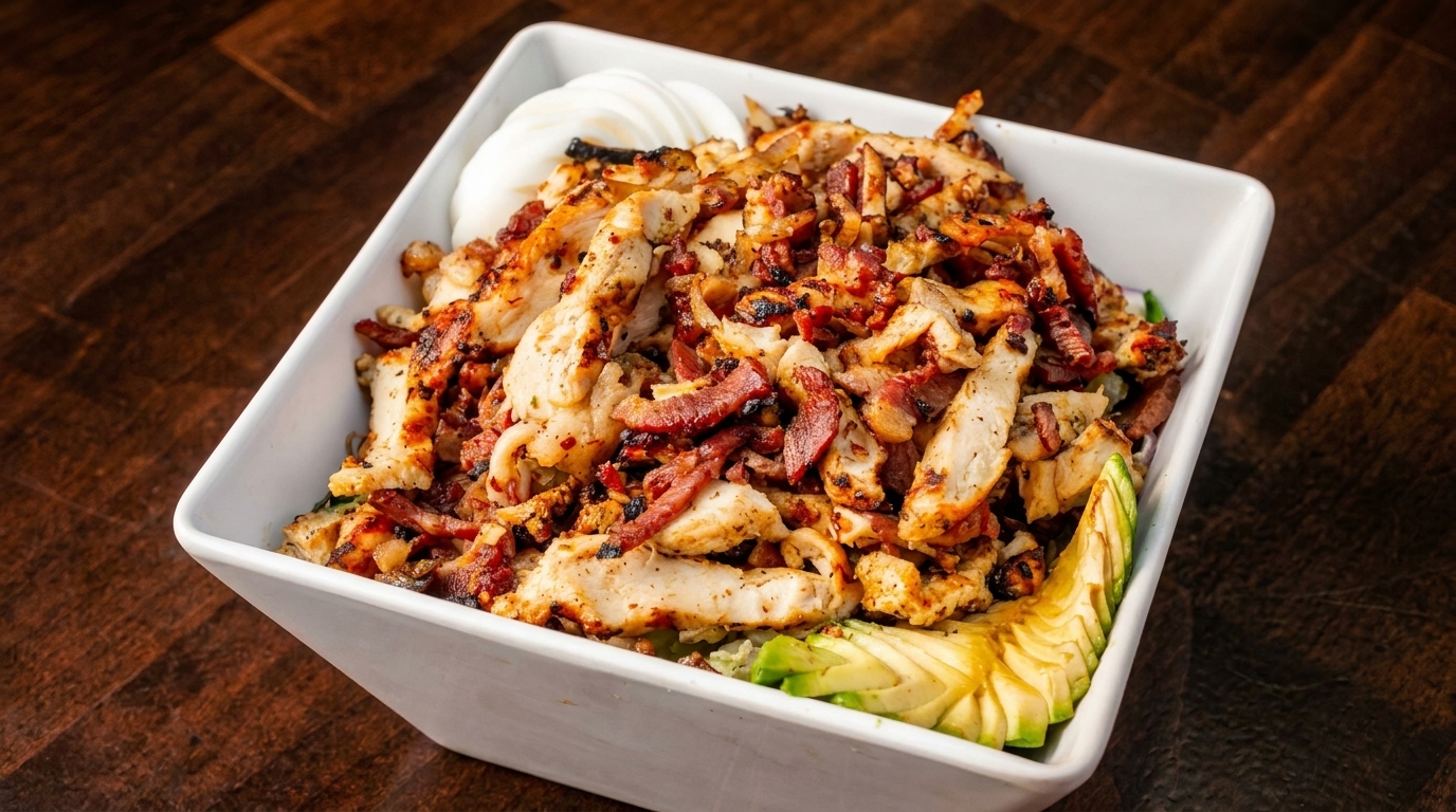 A white bowl filled with grilled chicken, bacon, sliced avocado, and hard-boiled egg.