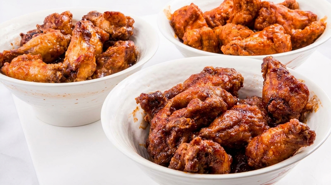 Three bowls of chicken wings, two with dark glaze and one with orange glaze, on a white surface.