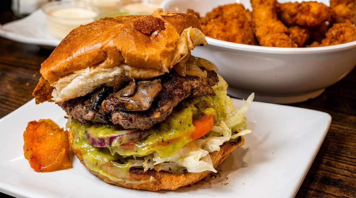 Gourmet burger with mushrooms, onions, lettuce, tomato, and green sauce, served with fried chicken.