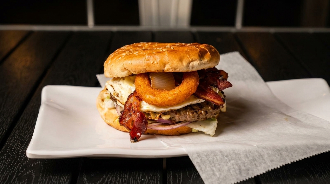 A gourmet burger with bacon, fried egg, and onion rings on a white plate.