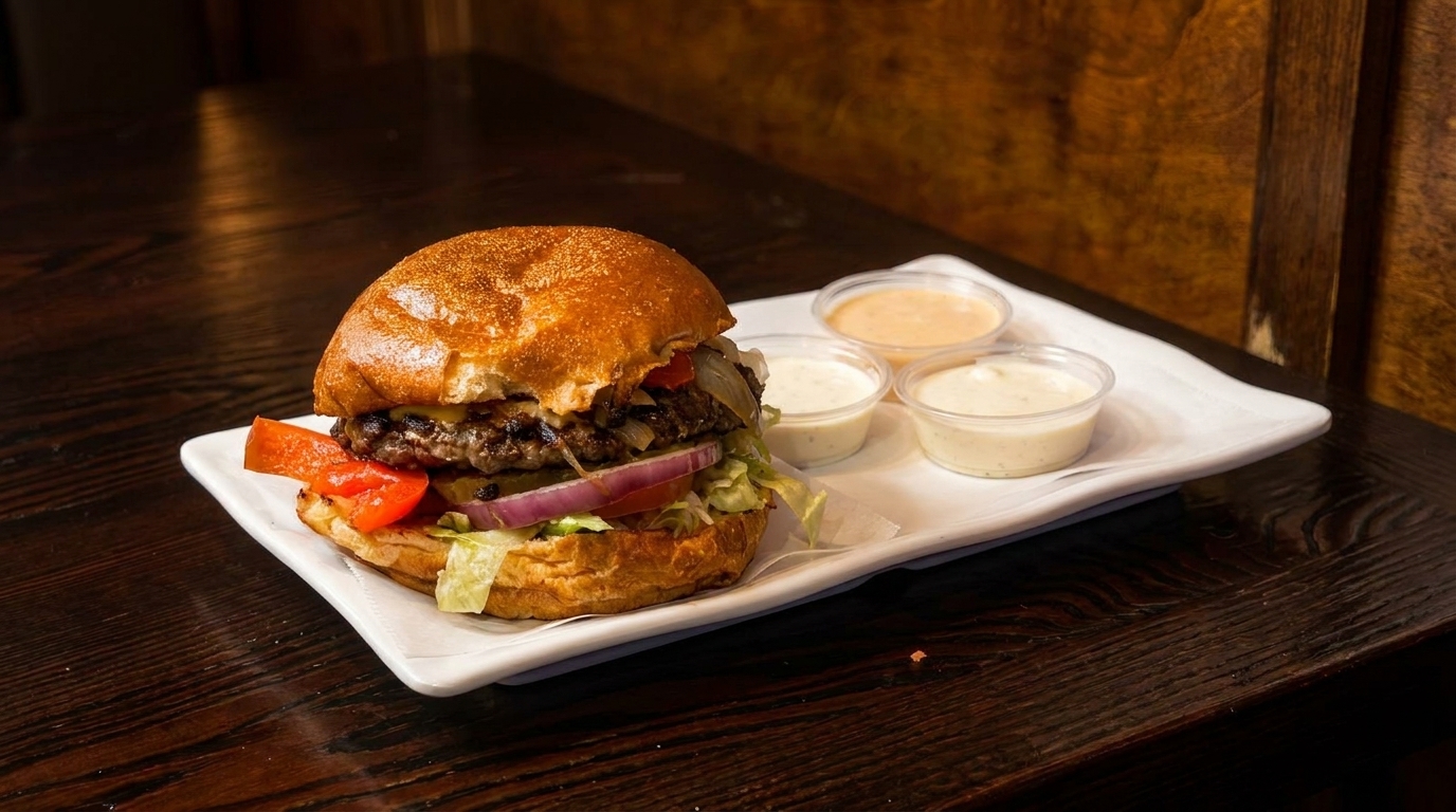 Gourmet burger with lettuce, tomato, onion, and sauces on a white plate.