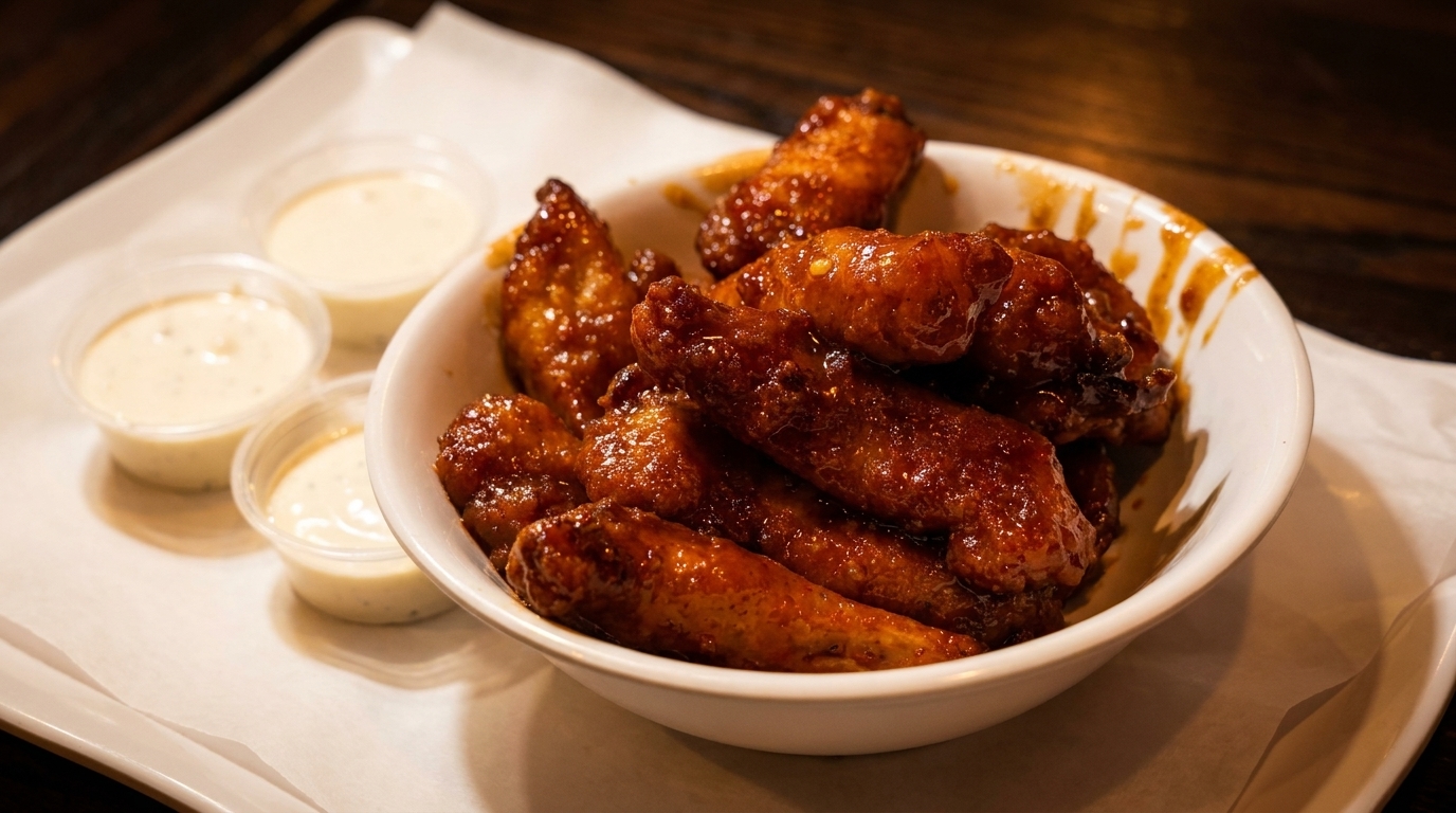 A white bowl filled with glistening, saucy chicken wings, accompanied by three small cups of dipping sauce.
