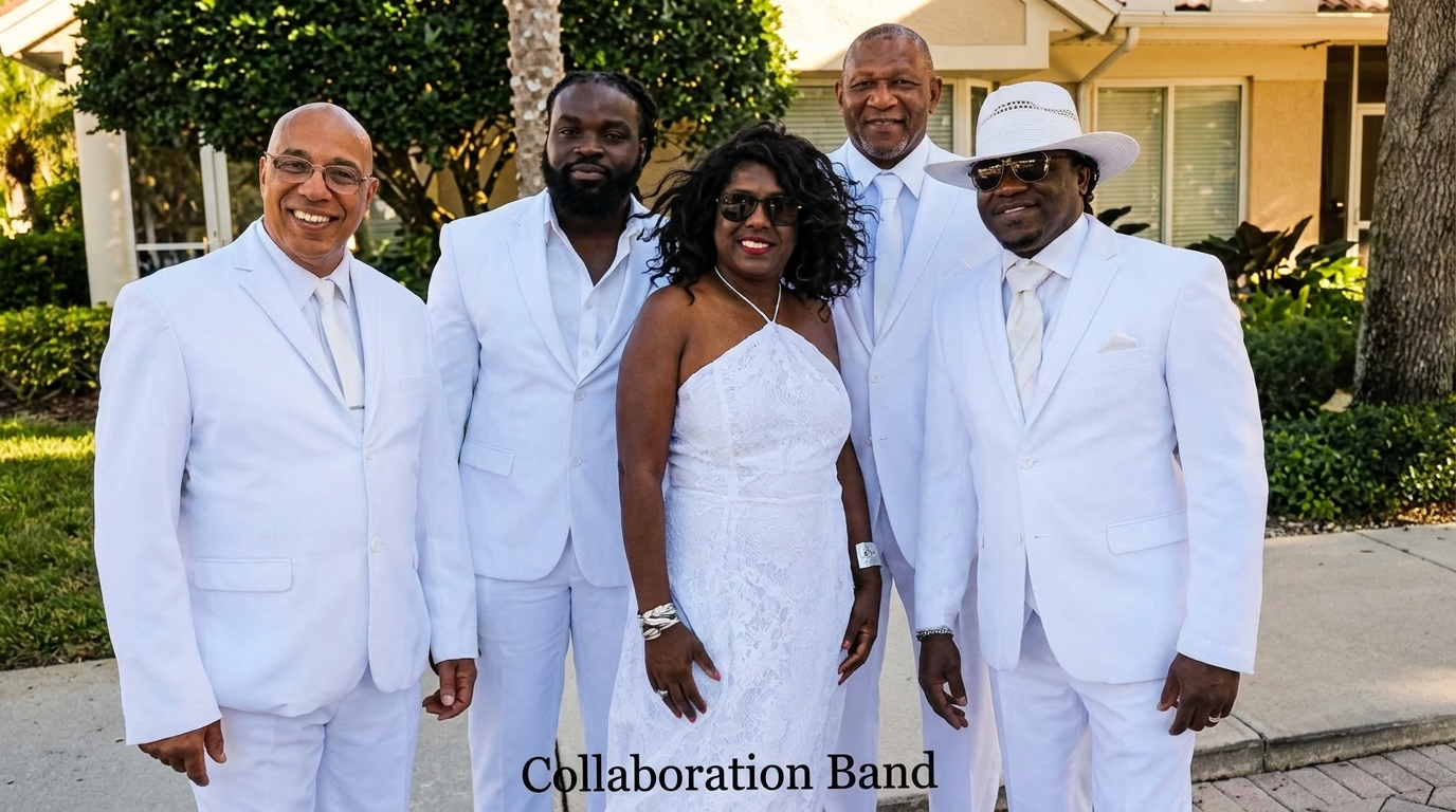 Five people, four men and one woman, in white attire, posing outdoors in front of a house.