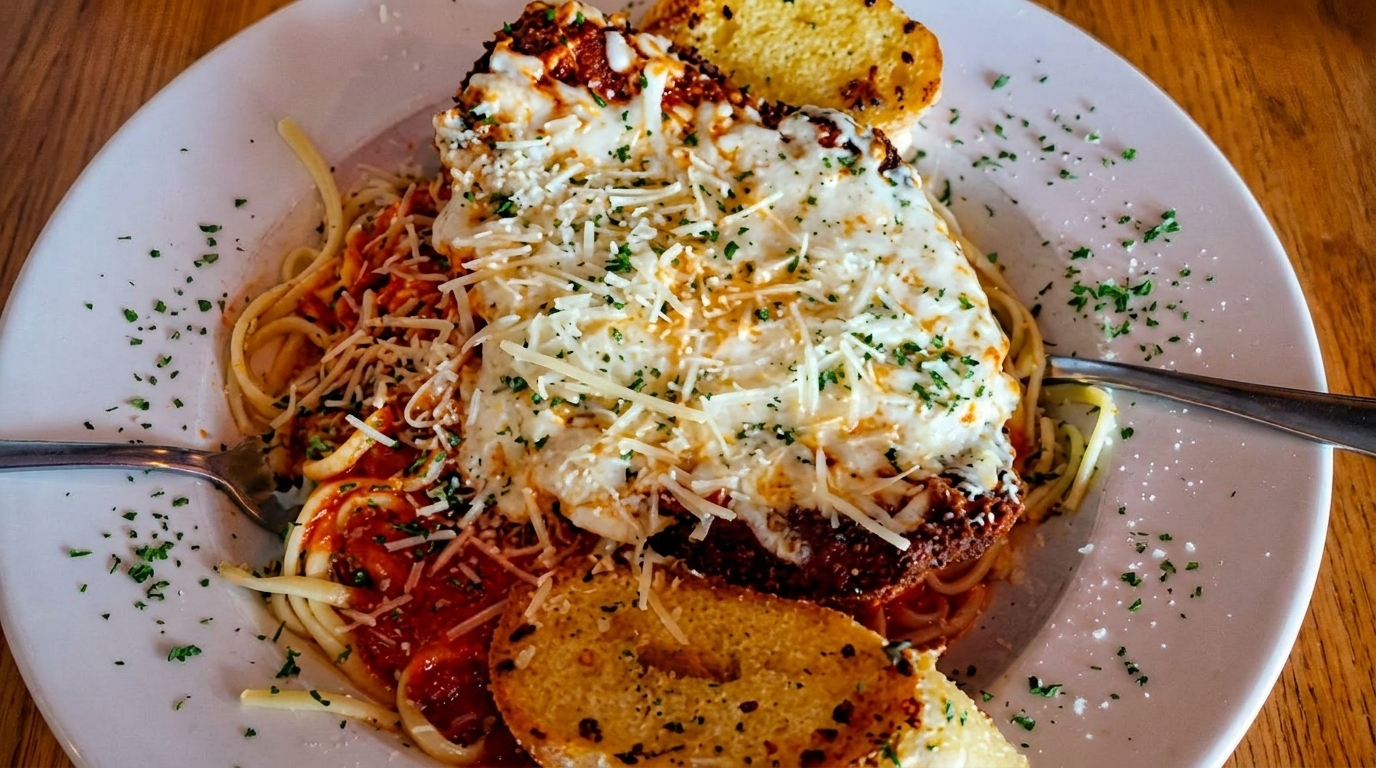 Chicken parmesan with spaghetti, marinara sauce, melted cheese, and garlic bread on a white plate.
