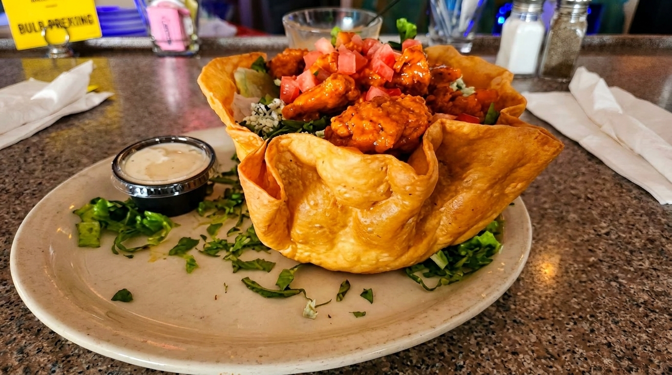 Buffalo chicken salad in a crispy tortilla bowl with dressing on a white plate.