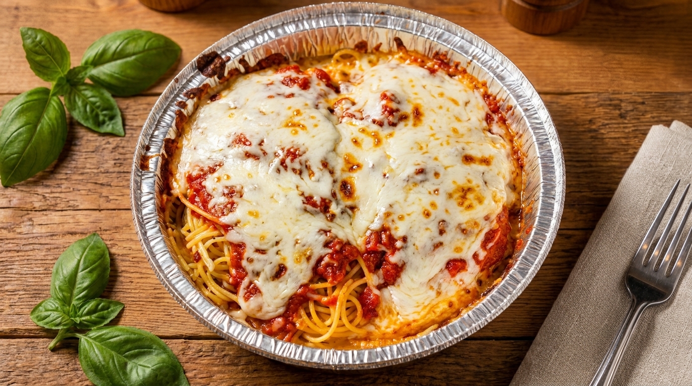 Baked spaghetti with melted cheese and tomato sauce in a foil pan, with basil and a fork.