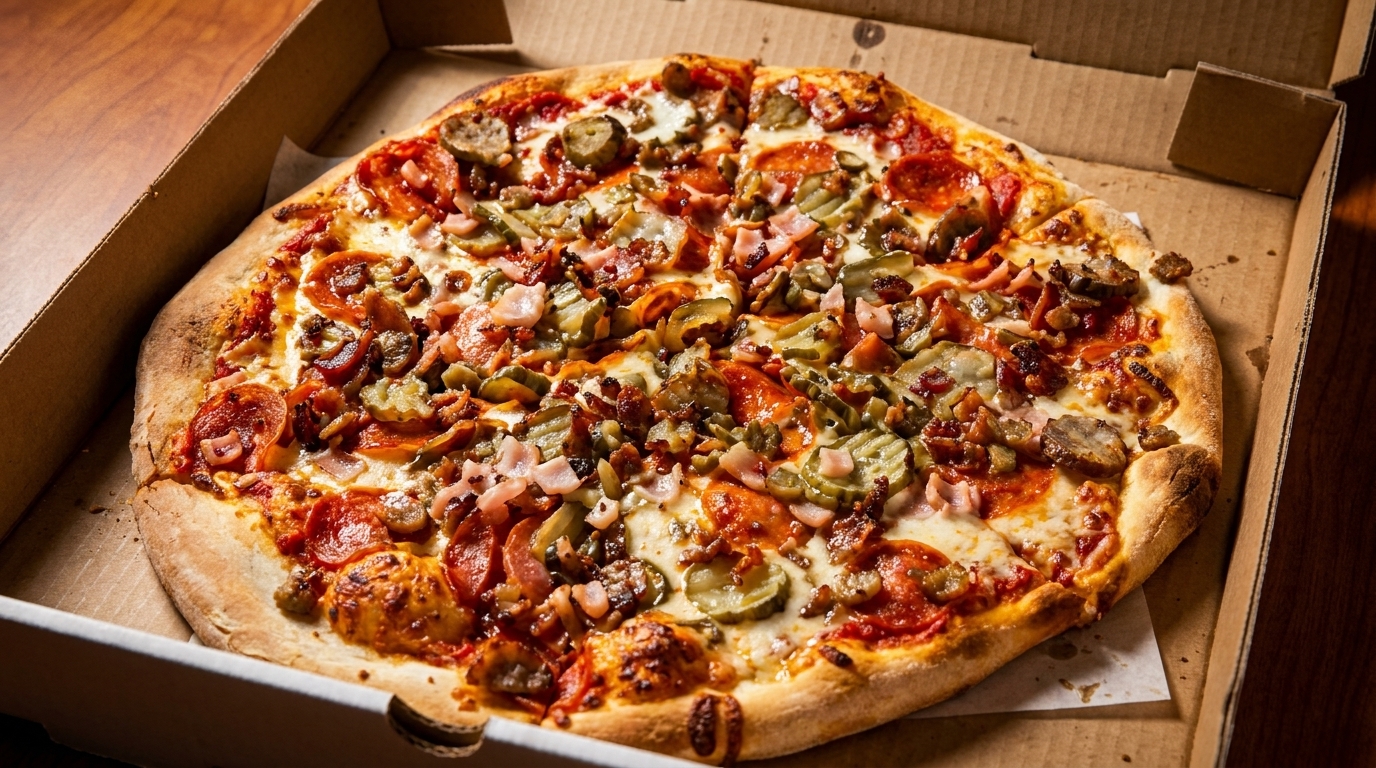 A whole pizza with pepperoni, ham, sausage, bacon, and pickles in a cardboard box.
