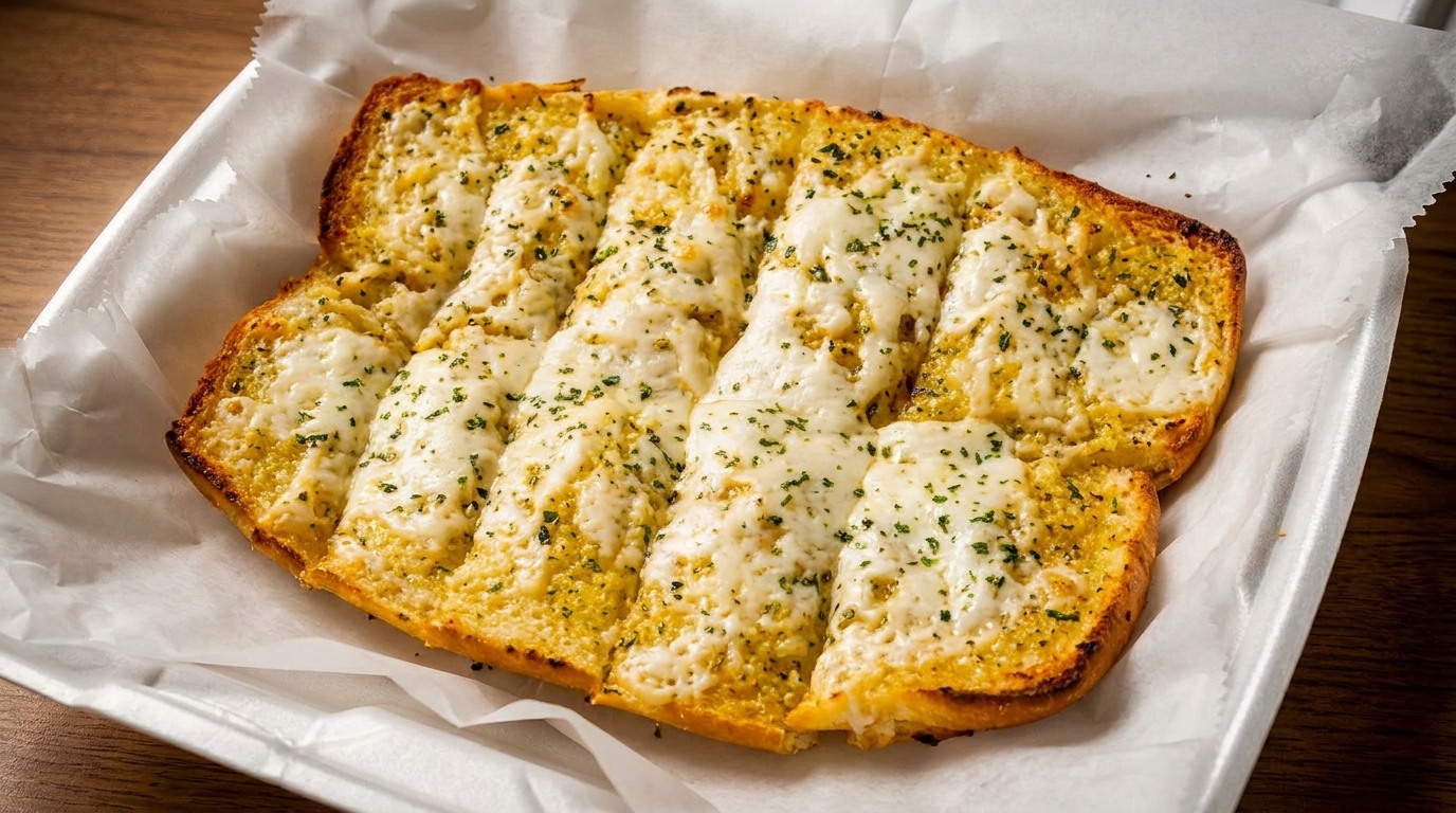 Cheesy garlic bread with melted mozzarella and parsley in a white takeout container.