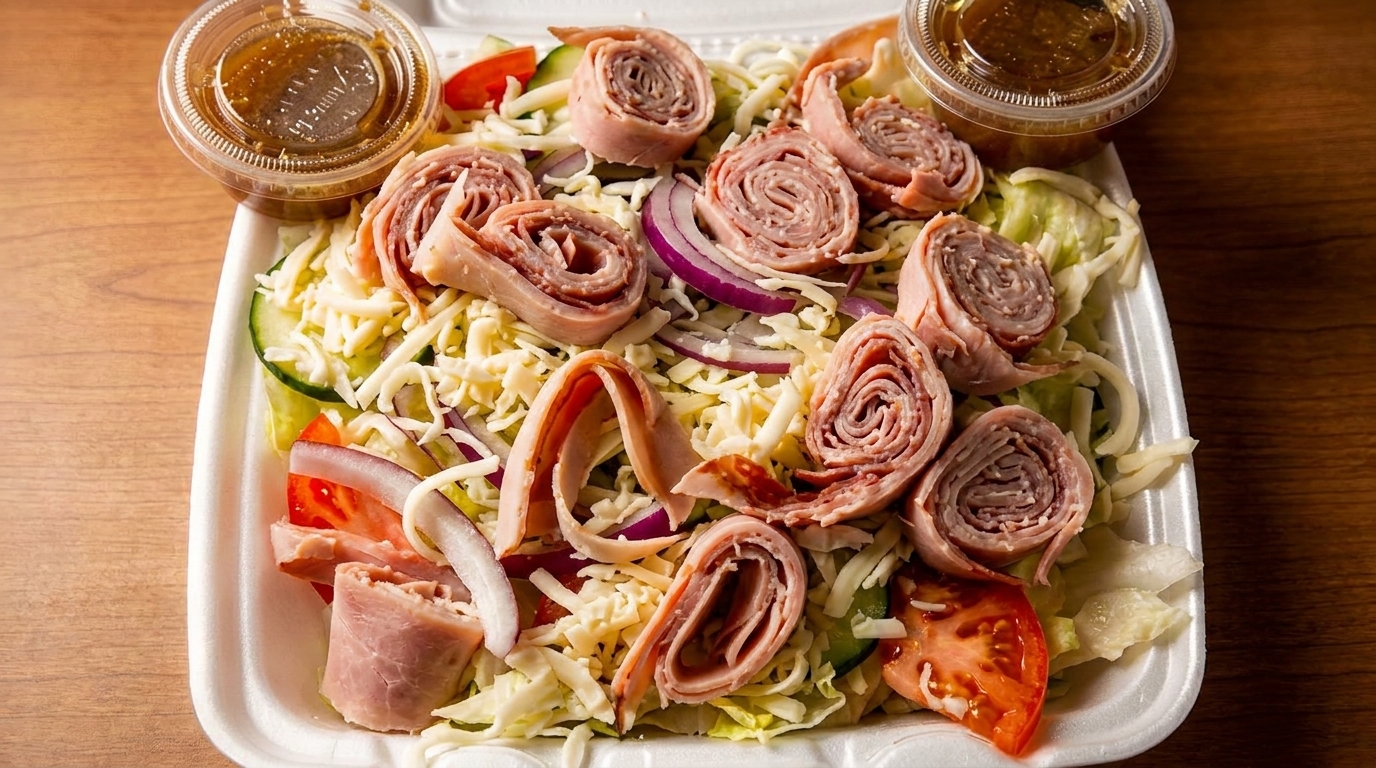 A deli salad with rolled meats, shredded cheese, lettuce, tomatoes, cucumbers, and red onions.