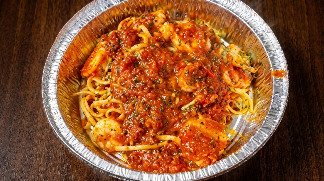 Shrimp scampi pasta with red sauce and herbs in a foil takeout container on a wooden table.