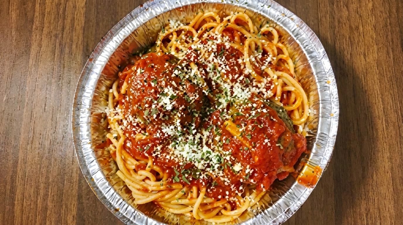 Spaghetti and meatballs with red sauce, parmesan, and parsley in a foil takeout container.