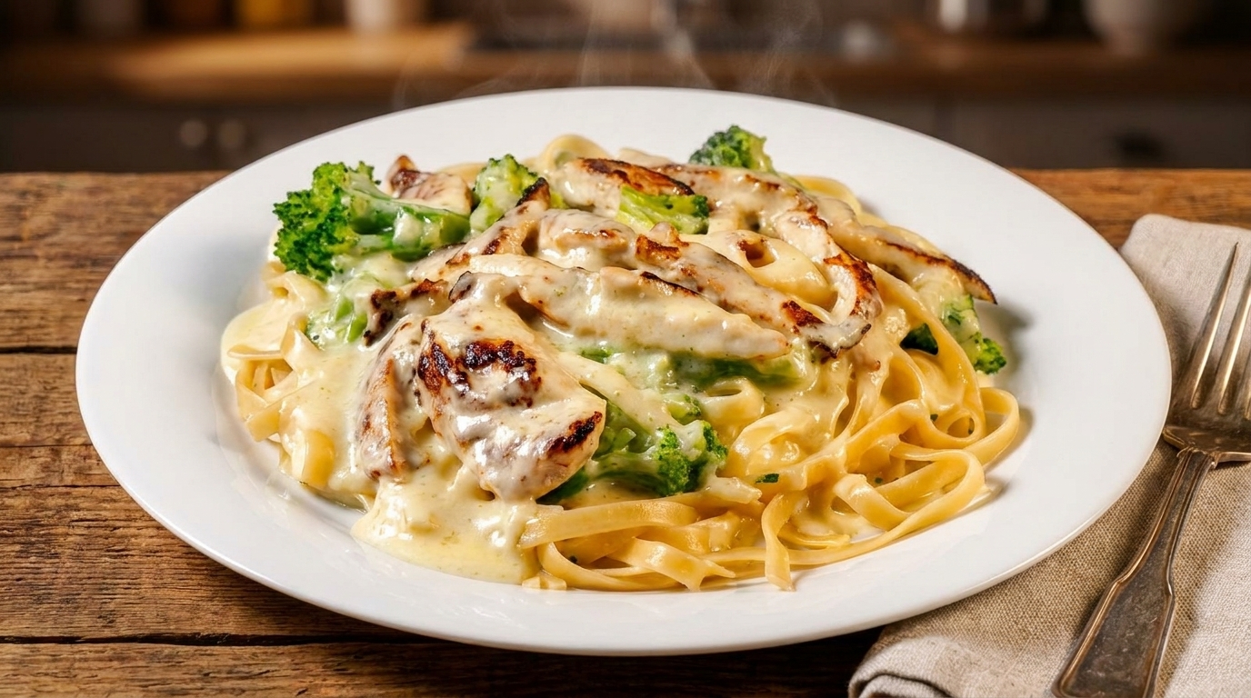 Steaming fettuccine alfredo with grilled chicken and broccoli on a white plate, on a wooden table.
