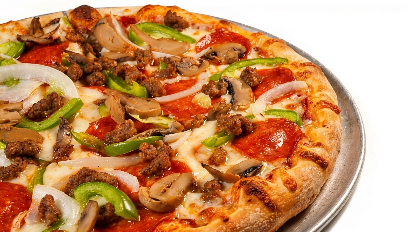 Close-up of a pizza with pepperoni, sausage, mushrooms, green peppers, and onions on a metal pan.