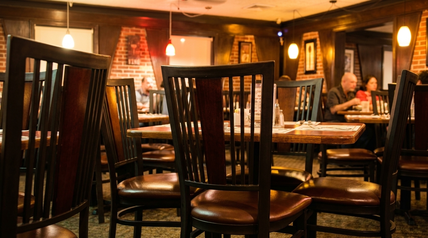 Restaurant interior with dark wood chairs, tables set, and blurred patrons in the background.