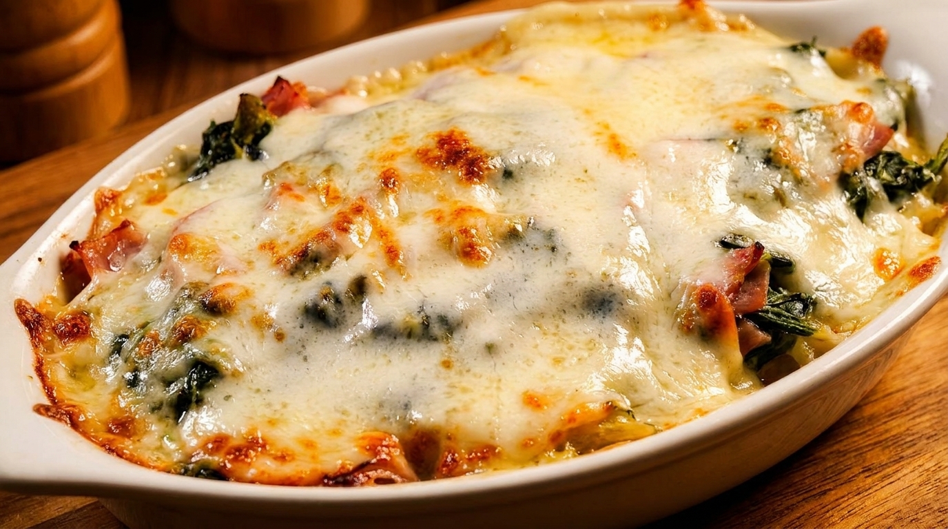 Close-up of a cheesy baked casserole with spinach and bacon in a white dish on a wooden table.
