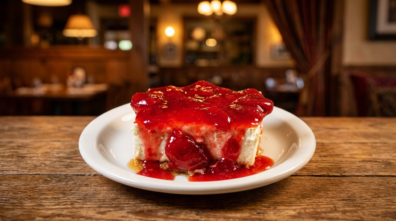 A slice of cheesecake topped with strawberry sauce on a white plate, on a wooden table.