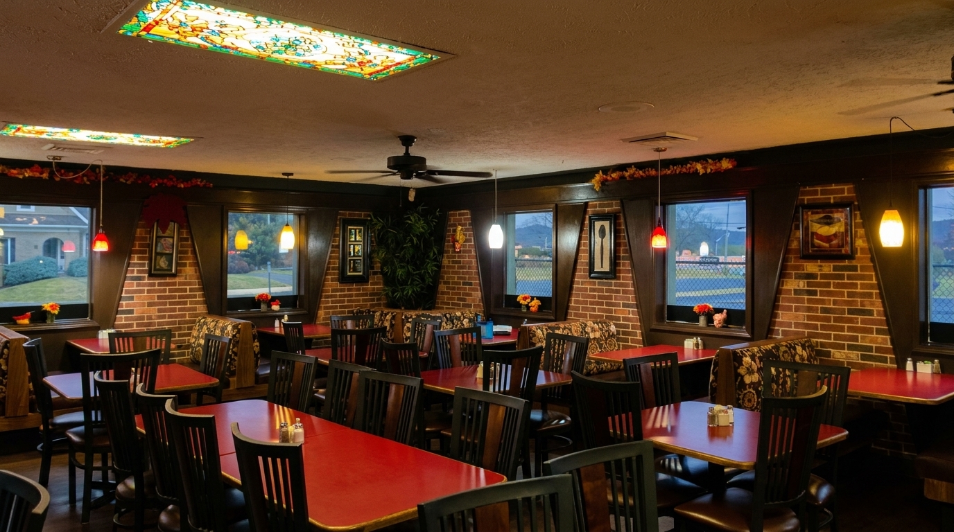 Cozy restaurant interior with red tables, dark chairs, brick walls, and stained-glass ceiling lights.