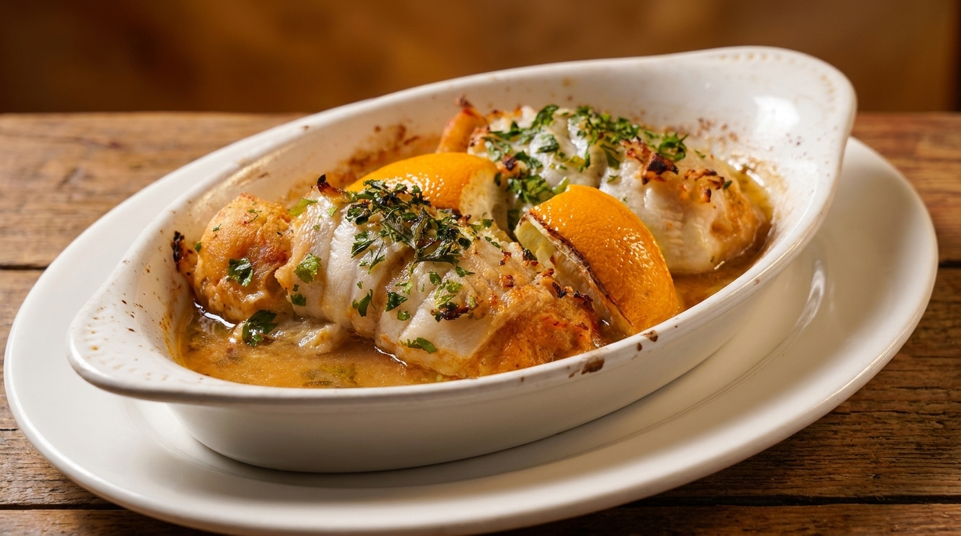 Baked fish fillets with orange slices and herbs in a white oval dish on a wooden table.