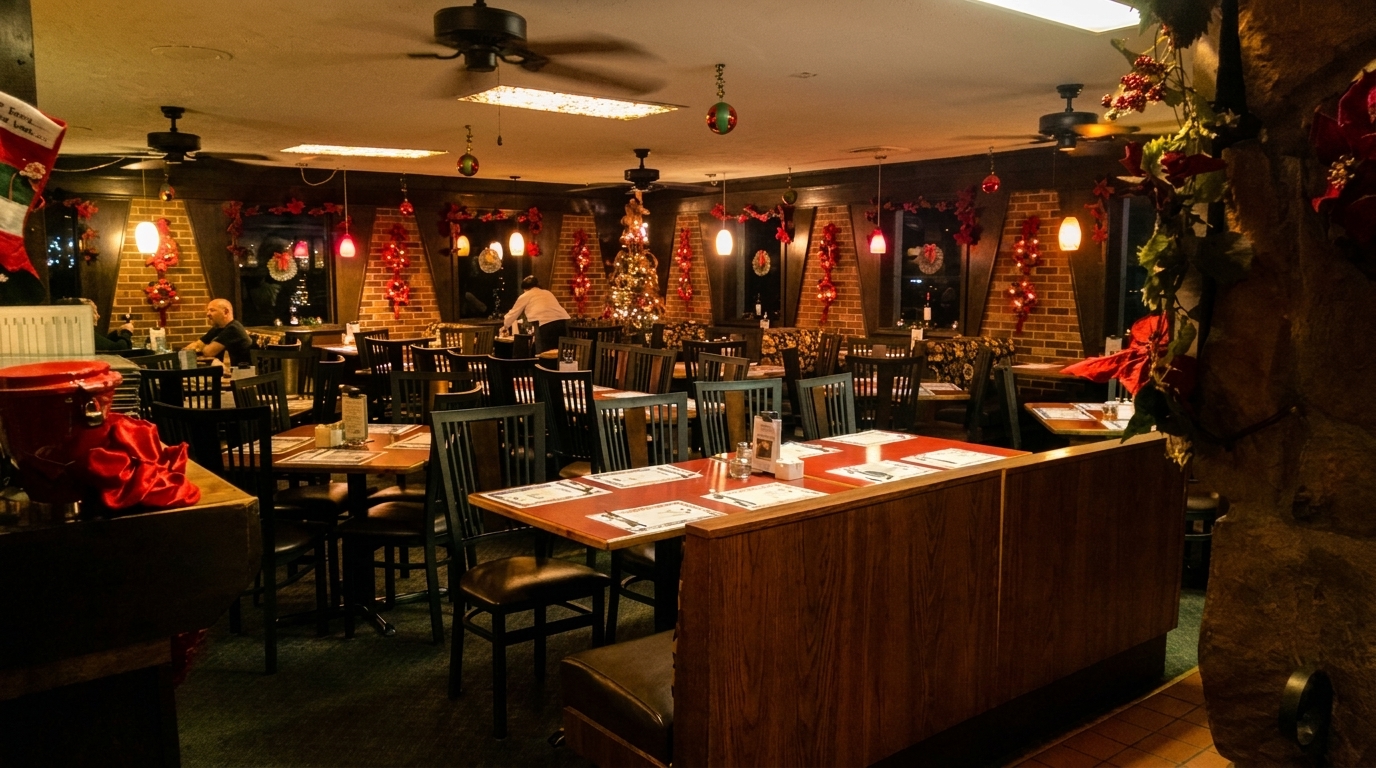 Cozy restaurant interior decorated for Christmas with brick walls, warm lighting, and a festive tree.