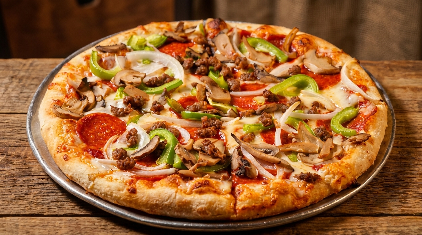 A whole pizza with pepperoni, sausage, mushrooms, green peppers, and onions on a wooden table.