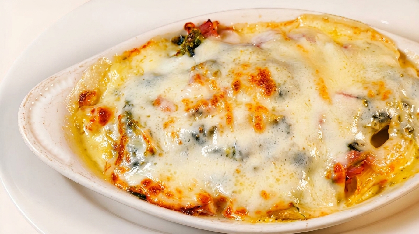 A close-up of a cheesy baked pasta dish with melted golden-brown cheese in a white oval dish.