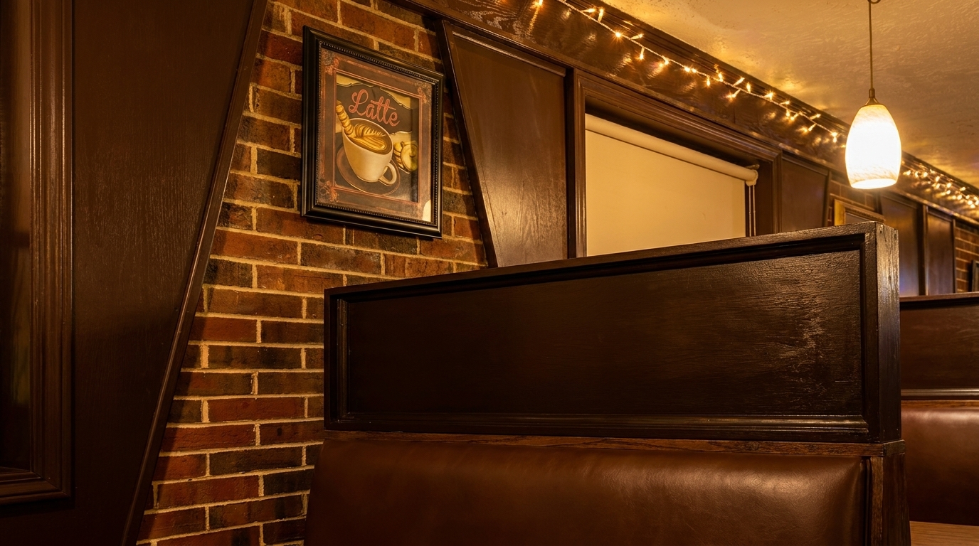 Cozy restaurant interior with brick walls, dark wood paneling, brown leather booths, and string lights.