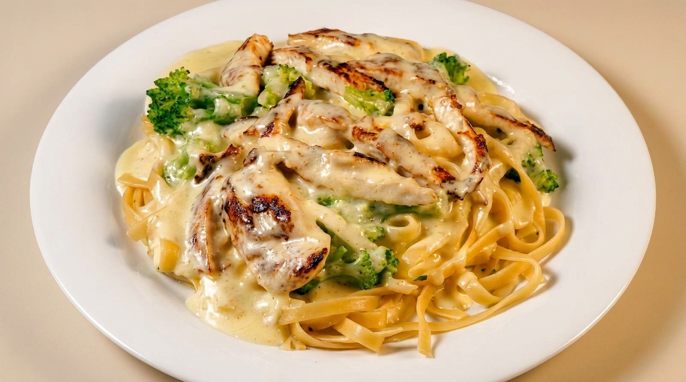 Creamy fettuccine alfredo with grilled chicken and broccoli florets on a white plate.