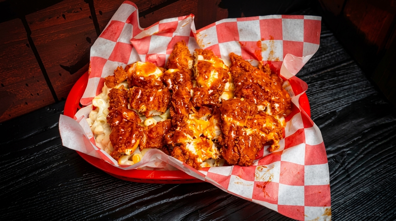 Crispy chicken tenders drizzled with sauce over macaroni and cheese in a red basket.
