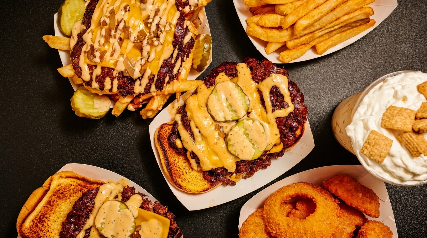 Overhead view of burgers, fries, onion rings, and a milkshake with cereal on a dark surface.